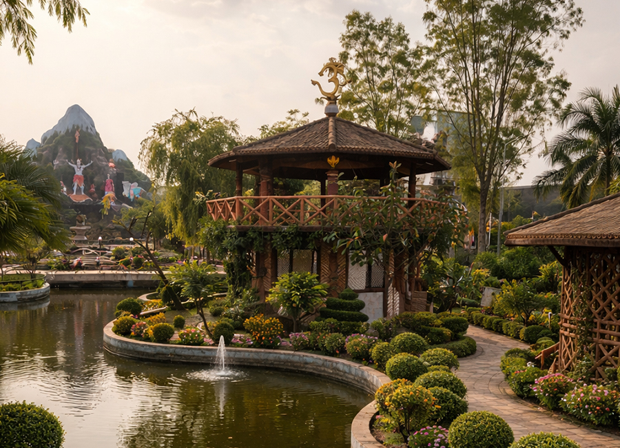 Temple interior with golden pillars and sacred carvings