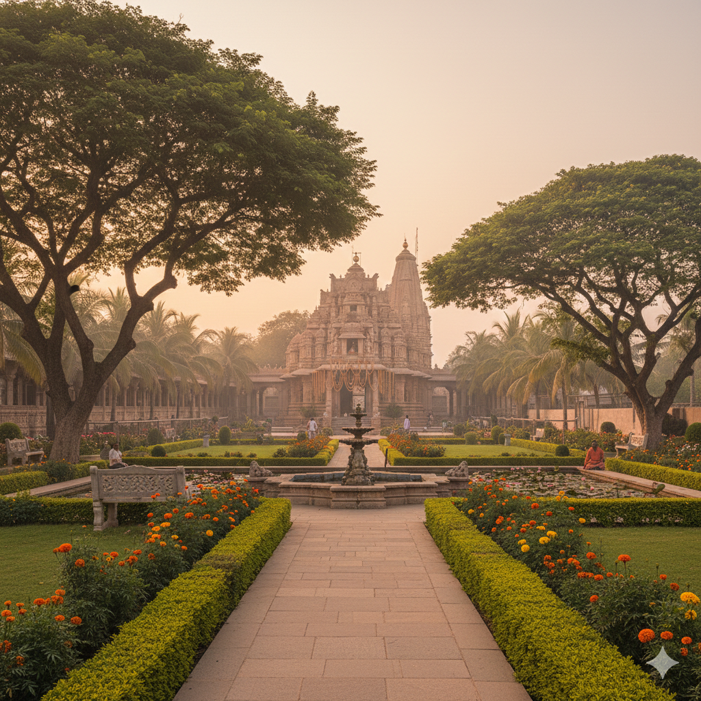 Peaceful temple garden with sacred plants